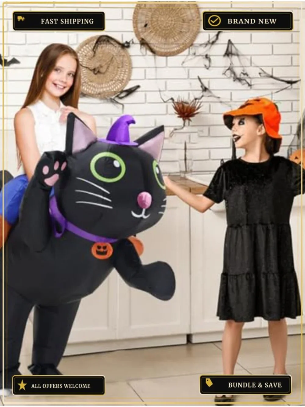 Searhmomo Inflatable Cat Costume for Kids Ride On Blow Up Halloween Cosplay